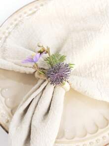 3 piezas Anillos de servilleta de madera con flores artificiales, decoración de mesa de comedor para boda, fiesta, baile de graduación, cena - Multicolor - Ver 1