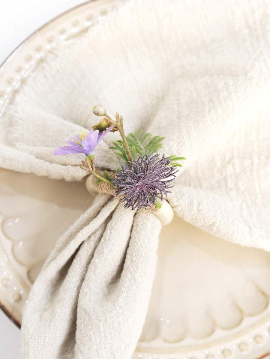 3 piezas Anillos de servilleta de madera con flores artificiales, decoración de mesa de comedor para boda, fiesta, baile de graduación, cena - Multicolor - Ver 1
