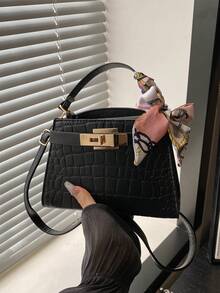 Crocodile Embossed Scarf Decor Flap Cover Handbag, Solid Color Embossed Tote Bag With Fashionable Metal Lock Decor, Mini Shoulder Crossbody Bag For Home, Shopping, Commuting - Black - View 10