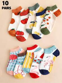 10双装女士彩色水果图案火烈鸟卡通可爱日常百搭短袜，春夏款 - 彩色 - 查看 7