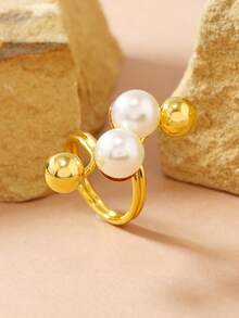 1pc Adjustable Exaggerated Opening Pearl & Diamond Flower Ring - WR936 With Two Pearls - View 7