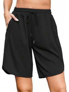 Quenteen Women's Sweat Shorts Bermuda Long Shorts Athletic Casual Loose Cotton Shorts (Available In Plus Size)A Valentine's Day 46QM - 9吋黑色 - 查看 8