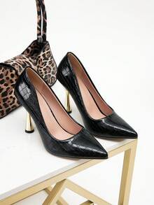 Black Crocodile Pattern Pointed Toe Pumps With Gold High Heel - Elegant Office/Party Dress Shoes Women Heels Women Shoes - Black - View 7