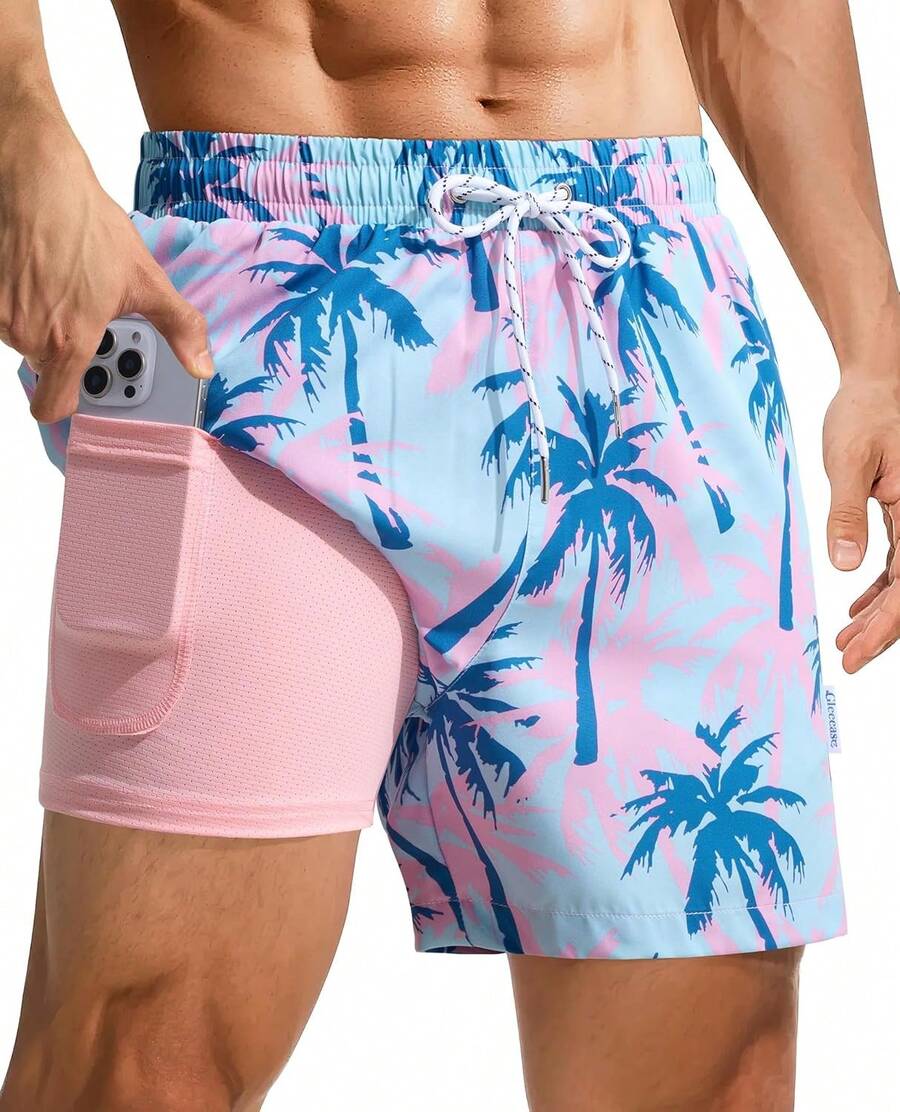 Bañador de hombre de 4 pulgadas: Con forro de compresión, bolsillo con cremallera, cordón, secado rápido, elástico, estampado de árbol para playa y piscina. Un regalo de San Valentín HZTD - Palmeras rosadas-2 - Ver 1