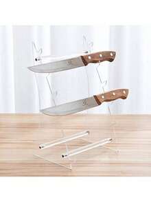 1pc 5-Slot Knife Holder, Detachable & Easy Assemble Transparent Acrylic Kitchen Stainless Steel Knife Rack, Fruit Folding Knife Stand Base - Clear - View 2