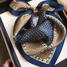 Classic Navy Blue Square Pattern Scarf Satin Silky Texture All Seasons Beach Party Holiday Gift - Dark Blue - View 1
