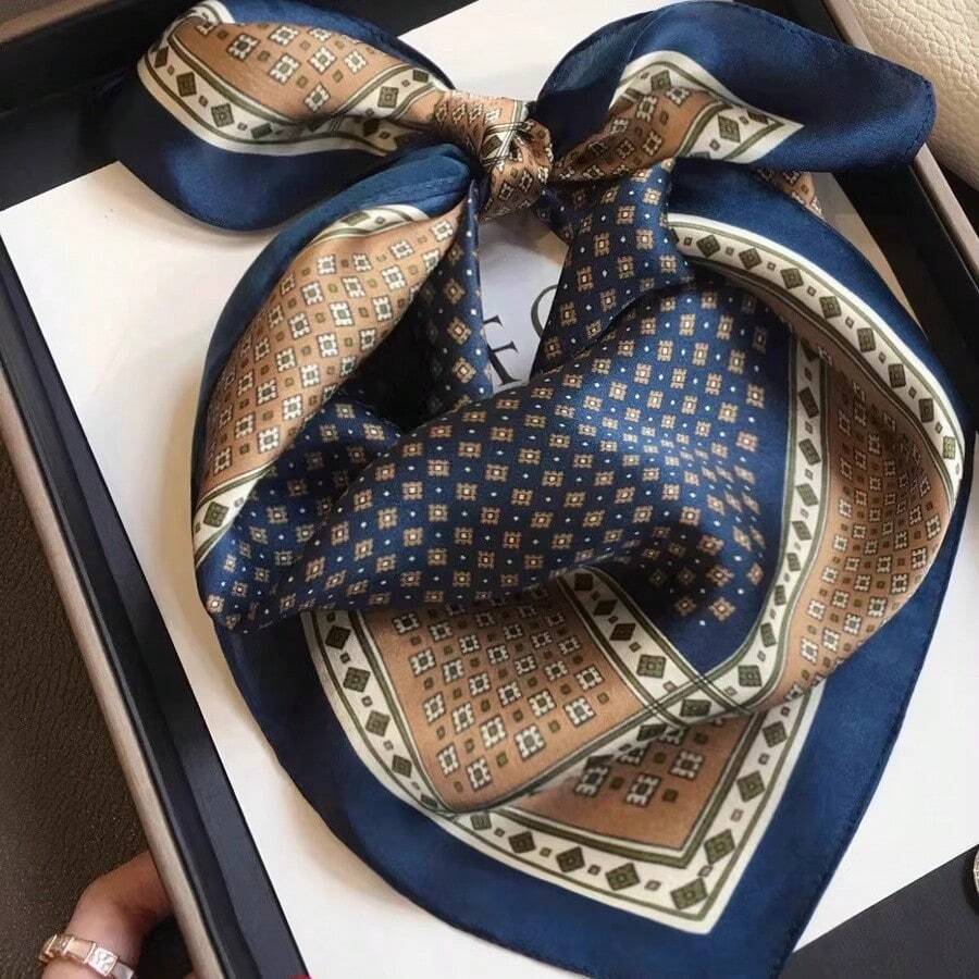 Classic Navy Blue Square Pattern Scarf Satin Silky Texture All Seasons Beach Party Holiday Gift - Dark Blue - View 1