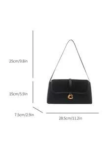 女士单肩包，时尚百搭翻盖法棍包，通勤休闲腋下包 - 黑色 - 查看 4