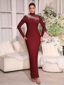 Modphy Elegant Party High Collar Pearl Mesh Patchwork Fitted Long Dress - Burgundy - View 5