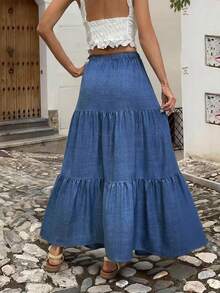 EARO Women's Long Layered Skirt, Drawstring Waist, Casual Fabric, Non-Stretch, Suitable For Daily Wear Spring - Blue - View 5