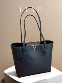 极简风格女士手提包，时尚百搭大容量单肩包，带拉链隔层的工作包 - 藏蓝色 - 查看 2