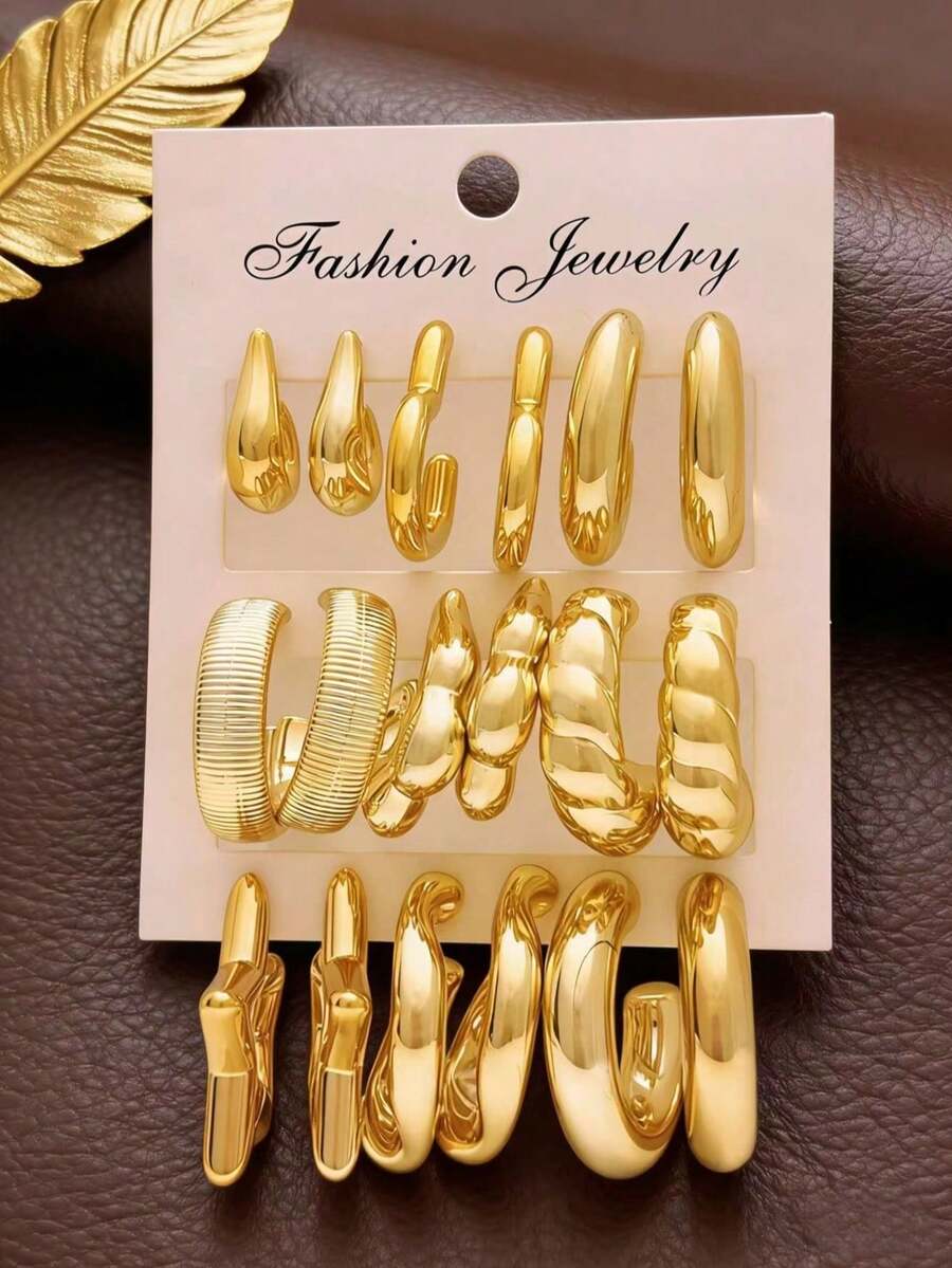 18件套女士金色几何耳环套装，时尚百搭，适合日常佩戴、送礼、节日和派对场合。 - 金色 - 查看 1