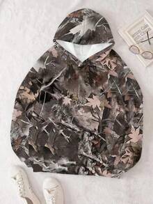 Tween Girls Back To School Bestseller Leaf Print Hoodie Sweatshirt, New Loose Comfortable Casual Fashion Versatile Streetwear,Spring Camouflage Hoodie, Couple Same Style/Basic/Going Out Knit Camo Fleece Lined Keep Warm Zip Up Green Baggy Long Sleeve Sweatshirt,Nature-Inspired Camouflage Print (Tree/Bark/Leaf Motifs),Oversized Hoodie, Relaxed Fit, Adjustable Drawstring Hood,Kangaroo Pocket, Ribbed Cuffs/Hem,Streetwear Vibe, Outdoor-Inspired Aesthetic,Moody Tones (Earth Brown) - 棕色 - 查看 3