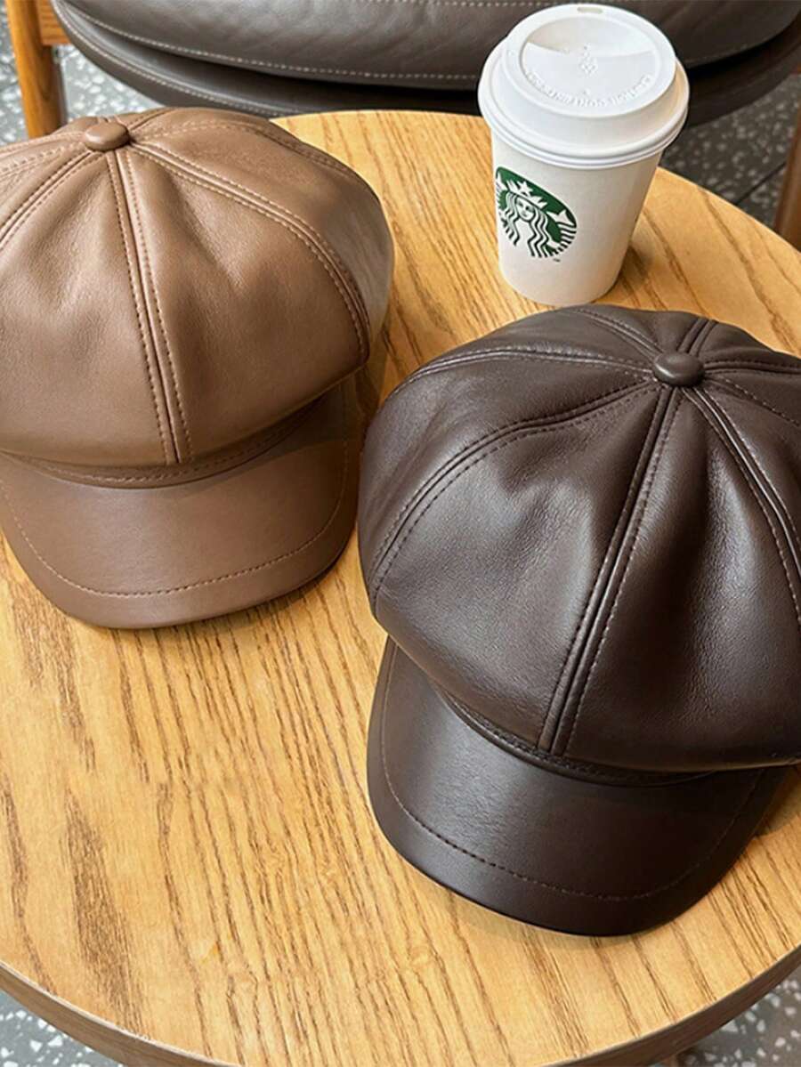 1pc Unisex Retro British Style Octagonal PU Leather Cap, Solid Color Casual For Spring, Autumn And Winter - Multicolor - View 1