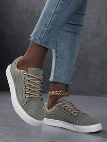 女士休闲运动鞋，时尚街头风白色鞋，轻便滑板鞋 - 軍綠色 - 查看 5