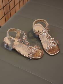 女童金色水晶花朵凉鞋 | 透明粗跟细带扣 - 金色 - 查看 6