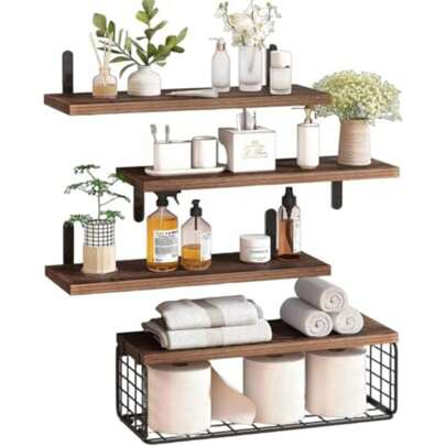 3+1 Tier Bathroom Shees Over Toilet With Storage Basket Floating Wall Shelf For Home Organization And Wall Decor Bathroom/Kitchen/Living Room Shees Dark Brown