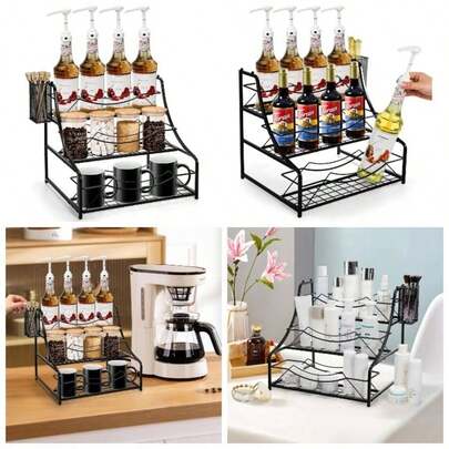 Coffee Syrup Rack With Basket, 3 - Tier 12 Bottles Spice Organizer, Freestanding Metal Wine Bottles Holder, Liquor Cabinet Storage Shelf Stand Dressing, Kitchen Bar Station Countertop