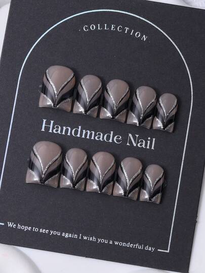 10pcs/Set Handcrafted Short Style European Square-Shaped Shoe Pieces Y2K Black French Style & Hand Painted Fine Glitter V Layered Print Diamond Design Nail Decoration. 1 Piece Of Jelly Gel And 1 Piece Of Nail File. Perfect For Daily Life And For Costumes At Coachella Music Festival, Press On Nails And Nail Care Products.