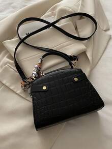 Crocodile Embossed Scarf Decor Flap Cover Handbag, Solid Color Embossed Tote Bag With Fashionable Metal Lock Decor, Mini Shoulder Crossbody Bag For Home, Shopping, Commuting - Black - View 8