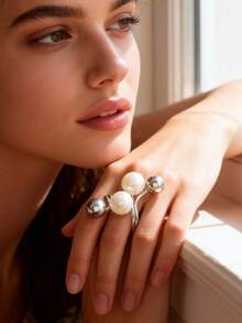 1pc Adjustable Exaggerated Opening Pearl & Diamond Flower Ring - WR936 With Two Pearls - View 2