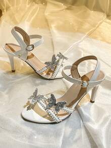 Women's Elegant French Stiletto Heel Sandals Round Toe Rhinestone Embellished 3D Floral Dress Sandals For Party Dating - White - View 3