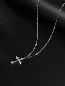 1pc Luxurious Zirconia Cross Pendant Necklace, Elegant Metal Finish, Gift For Mother's Day, Valentine's Day, Date Night