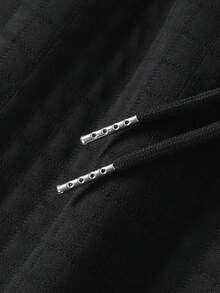 Men's Black Plaid Shorts With Elastic Drawstring Waist And Leather Patch, Casual Summer Home & Street Wear - Black - View 7