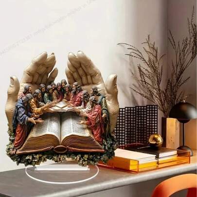 1pc 2D Bohemian Acrylic Hand & The Last Supper Tabletop Decor With Stand - Multifunctional Bohemian Style Tabletop Decor Suitable For Office, Cafe, Home, Ideal Birthday Or Housewarming Gift, No Power Required