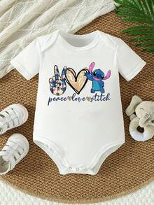 Disney Baby Clothing, Newborn  - Unisex - Disney Stitch Bye And Heart Cartoon Print - Crawling And Toddling Set - Summer Outdoor Casual Crewneck Crawling Coverall With Triangle Hem Design - Summer Essential - Playful And Fun - Adorably Cute - Perfect Holiday Gift For Infants And Toddlers - trắng - Xem 1