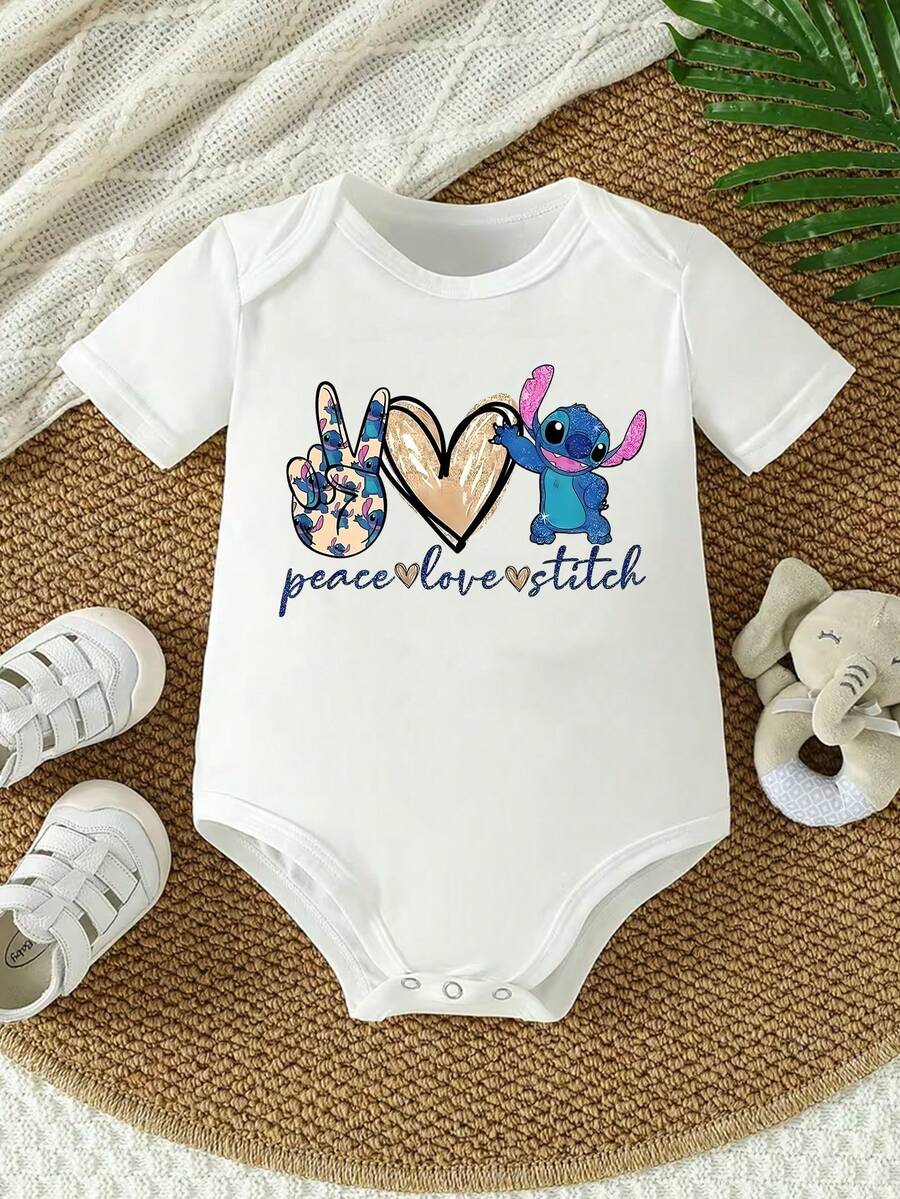Disney Baby Clothing, Newborn  - Unisex - Disney Stitch Bye And Heart Cartoon Print - Crawling And Toddling Set - Summer Outdoor Casual Crewneck Crawling Coverall With Triangle Hem Design - Summer Essential - Playful And Fun - Adorably Cute - Perfect Holiday Gift For Infants And Toddlers - trắng - Xem 1