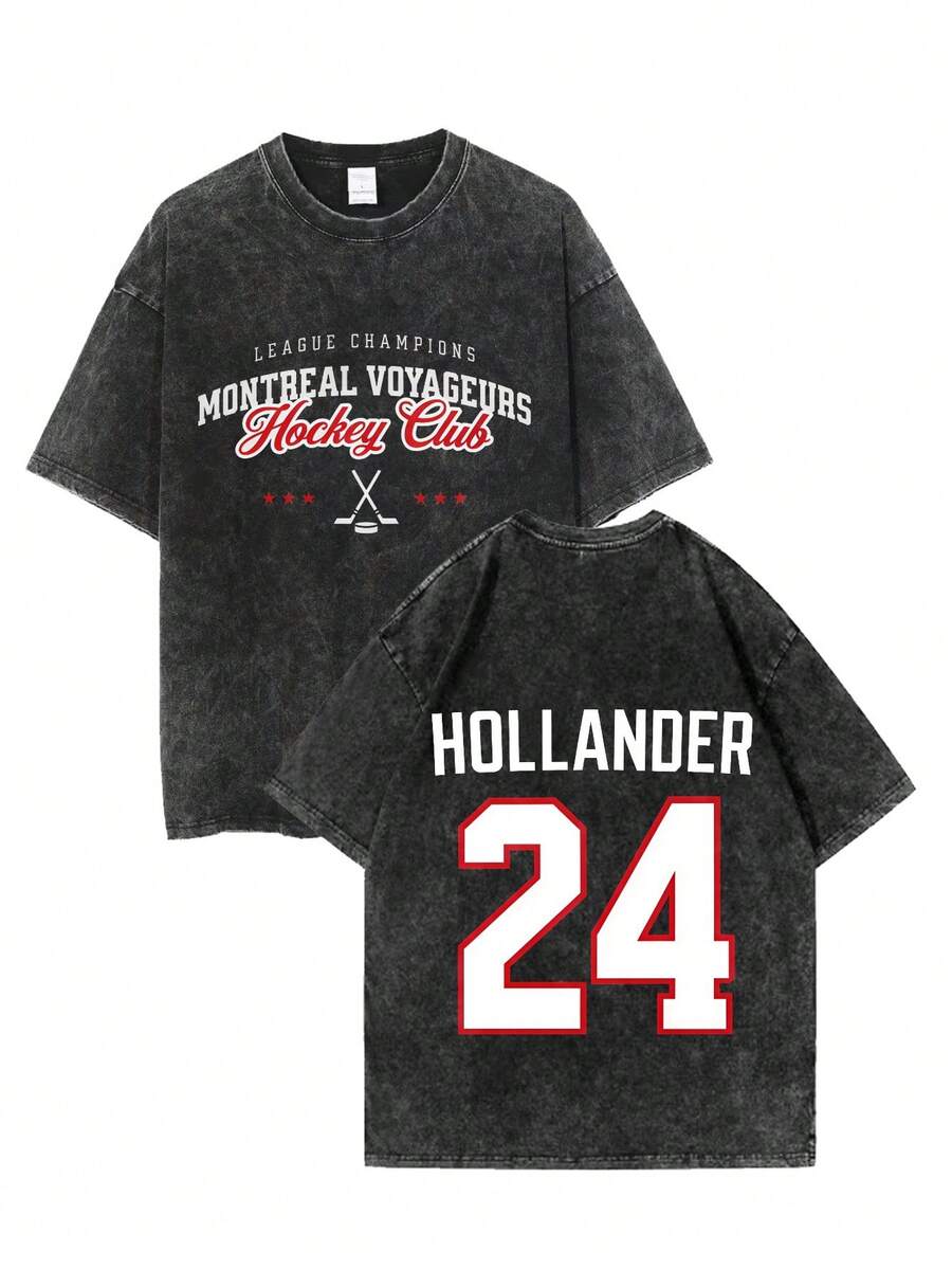 1pc Valentine's Day Shane Hollander 24 Men'S Jersey Summer Commemorative T-Shirt| Pure, Short Sleeved, Vintage Style, Crew Neck, Cartoon Pattern Graphic Tee - 黑色 - 查看 1