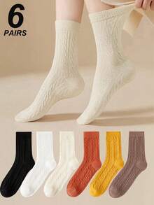 6 Pairs Cable Knit Socks For Women, Autumn/Winter Mid-Calf Socks, Versatile, High Aesthetic, Mori Style, Solid Color Knee High Socks - Multicolor - View 1
