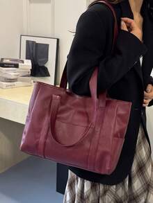 Sac à main transfrontalier, unisexe, mode, matériau en PU, couleur unie, minimaliste, sac à bandoulière/sous le bras/à poignée supérieure multifonctionnel, convient pour un usage quotidien décontracté, les déplacements, les courses, les voyages et diverses occasions - Rouge foncé - Voir 5