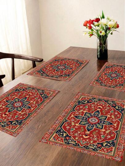 4 件套波西米亚风花卉图案餐垫，纹理餐垫，适合家庭用餐、室内/室外派对装饰