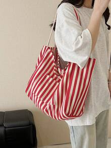 Retro Chic Striped Canvas Tote Bag, Korean Style, Casual Large Capacity Shoulder Bag For Women, Suitable For Travel And Vacation - Red - View 4