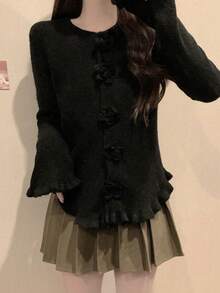Women's Cardigan With Ruffled Rose Button Asymmetrical Hem, Bell Sleeve Top - Black - View 6