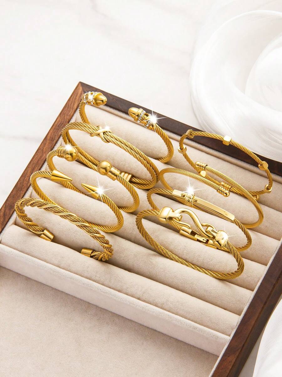 1 chiếc vòng tay nữ bằng thép không gỉ mạ vàng 18K, phối màu vàng và bạc - Thiết kế xoắn ốc có thể xếp chồng lên nhau, phù hợp cho cả ngày thường và những dịp đặc biệt, là lựa chọn quà tặng hoàn hảo cho nam, nữ và gia đình/bạn bè. - vòng tay dây thừng - Xem 1