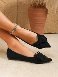 Women's Fashion Pointed Toe Black Bow Slip-On Casual Flat Shoes, Spring/Summer - Black - View 2