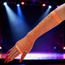 1件装二合一水钻鱼网露指手套/臂套 - 闪亮复古朋克迪斯科风格，高弹透气，适合节日/派对/情人节/送礼