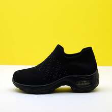 女士灰色格子条纹软垫运动鞋，针织套脚休闲运动舞蹈鞋 - 1740 - 查看 6