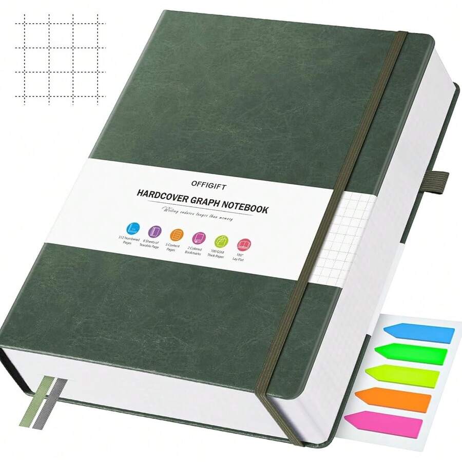 Graph Paper Notebook, 312 NFUmberssed Pages Large A5 Hardcover Leather Journal, 100gsm No Bleed Grid Paper Notebook With Index Pages, Grid Notebook For Graphing Notes Math, 5.75\ X 8.38\, Green - Green - View 1