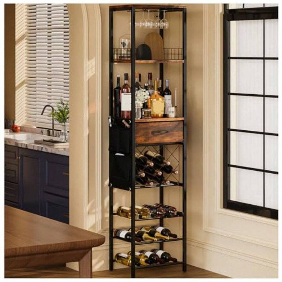 1.7 M Estante de Vino no Empotrado Para PisoClóset no Empotrado Para Barra de Vino Rack de Vinos Rack Para Botellas de Vino Con Cajón de Tela y Bolsillos Laterales de Tela. color retro - colores retro - Ver 1