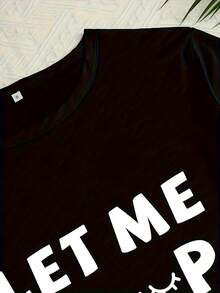 LET ME SLEEP Letter Print Sleepwear Women's Lightweight Breathable Three-Piece Set: Short Sleeve T-Shirt + Shorts + Pants Home Casual Sleepwear Set - 黑色 - 查看 5