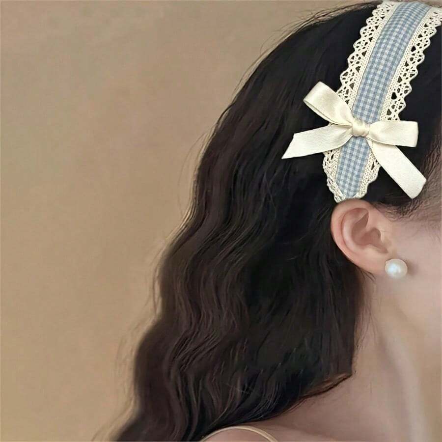 Plaid Blue Cute Headband Lace Versatile Hair Accessories Summer Niche Bow Lolita New - 藍色 - 查看 1