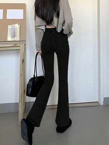 Women's New Slim Fit Solid Color High Waist Flare Jeans Casual Black Spring Fall - Black - View 8