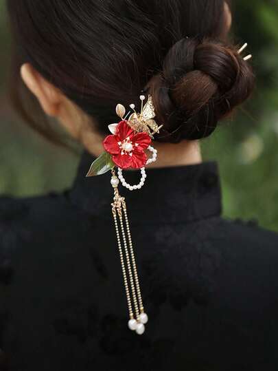 1个红色花朵蝴蝶流苏发夹，优雅淑女复古发夹，女士及女孩盘发发饰，长链流苏合金发夹，山茶花盘发头饰，适合情人节日常/下午茶/派对/新娘发饰