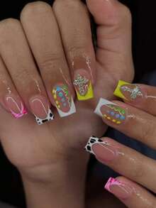 24片装短款方形豹纹十字装饰法式按压美甲套装，包含1瓶指甲油凝胶和1个指甲锉，打造闪亮美丽的指甲，适合女性日常工作和派对美甲。 - 彩色 - 查看 1