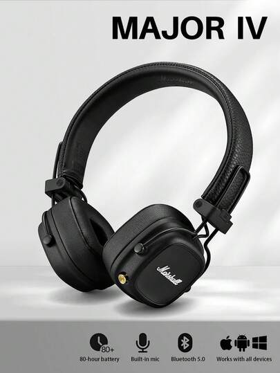 Marshall Auriculares inalámbricos Major IV de diadema, 80 horas de tiempo de reproducción, Bluetooth 5.0, diseño de rock clásico, plegables, almohadillas de memoria espuma, modo dual alámbrico/inalámbrico para viajes, transporte y música