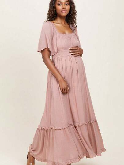 波西米亚风孕妇长裙，休闲短袖，荷叶边下摆，A字梭织面料